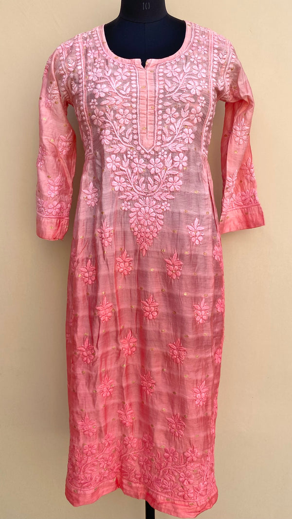 Lucknowi Chikankari Ombre A-Line Kurti Peach Mal Chanderi with Self 3D work
