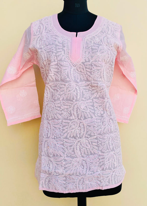 Lucknowi Chikankari Short Kurti Pink Cotton