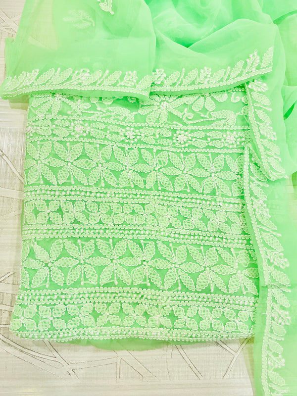 Lucknowi Chikankari Suit Length 3 Piece Green Faux Georgette