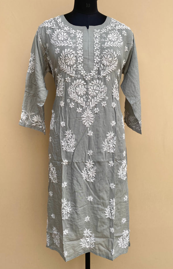 Lucknowi Chikankari Kurti Gray Soft Modal Cotton