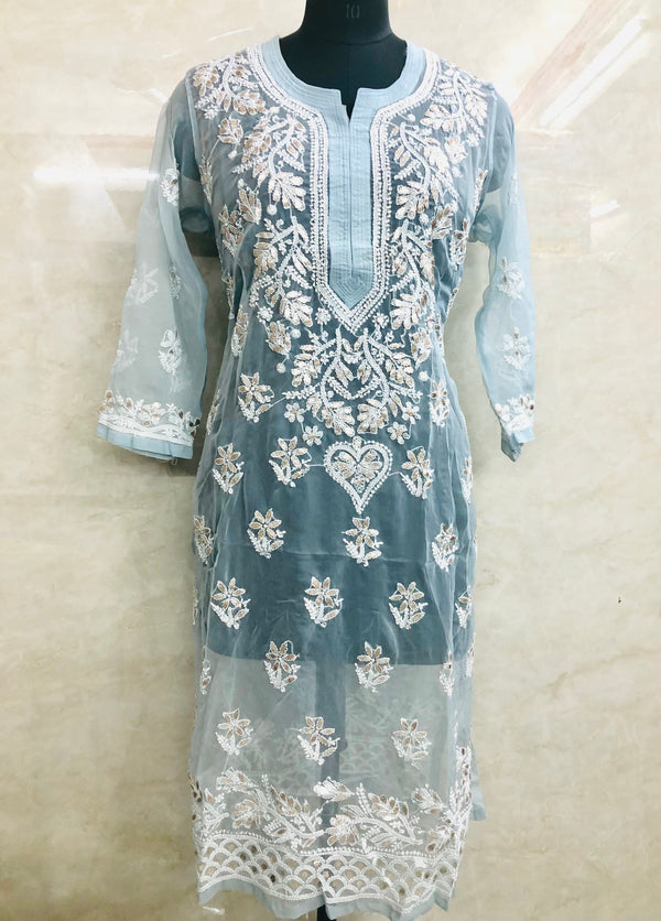 Lucknowi Chikankari Kurti Gray Faux Georgette with Gotta Patti Work