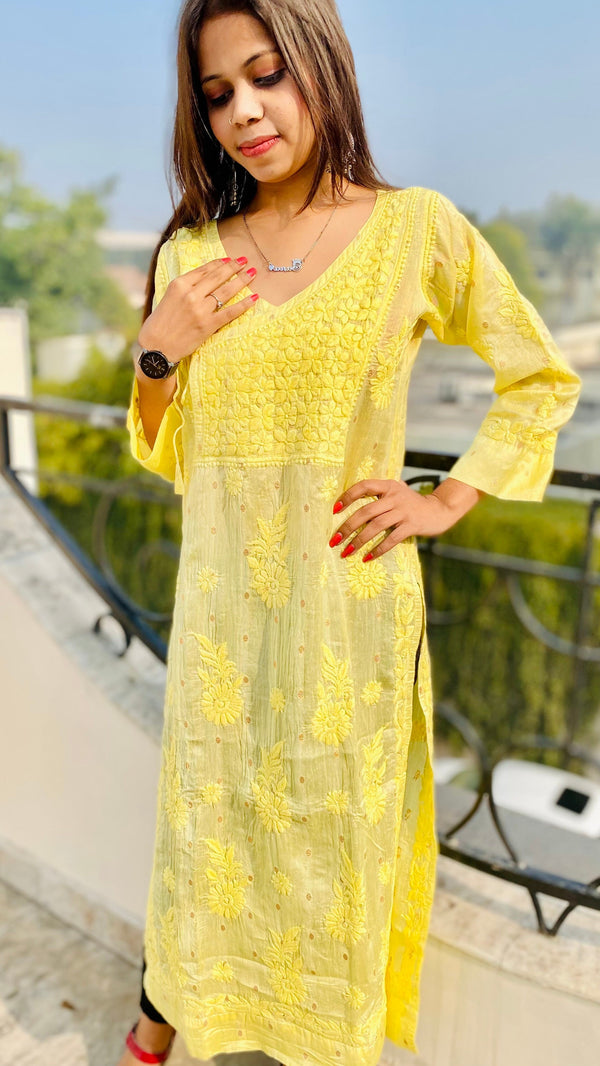 Lucknowi Chikankari Angrakha Yellow Soft Muslin Cotton with Self 3D work