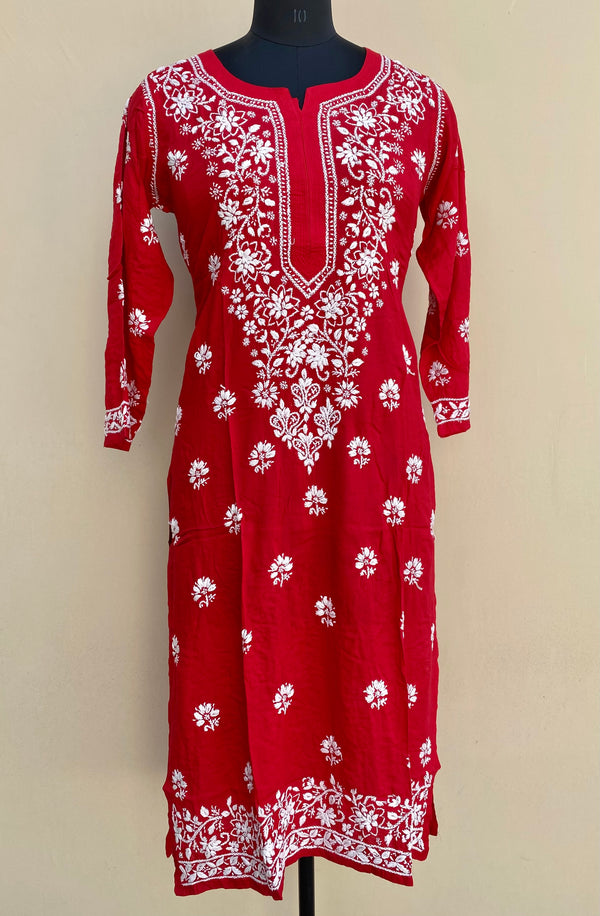 Lucknowi Chikankari Kurti Red Soft Modal Cotton