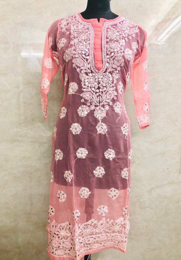 Lucknowi Chikankari Kurti Peach Faux Georgette with Gotta Patti Work