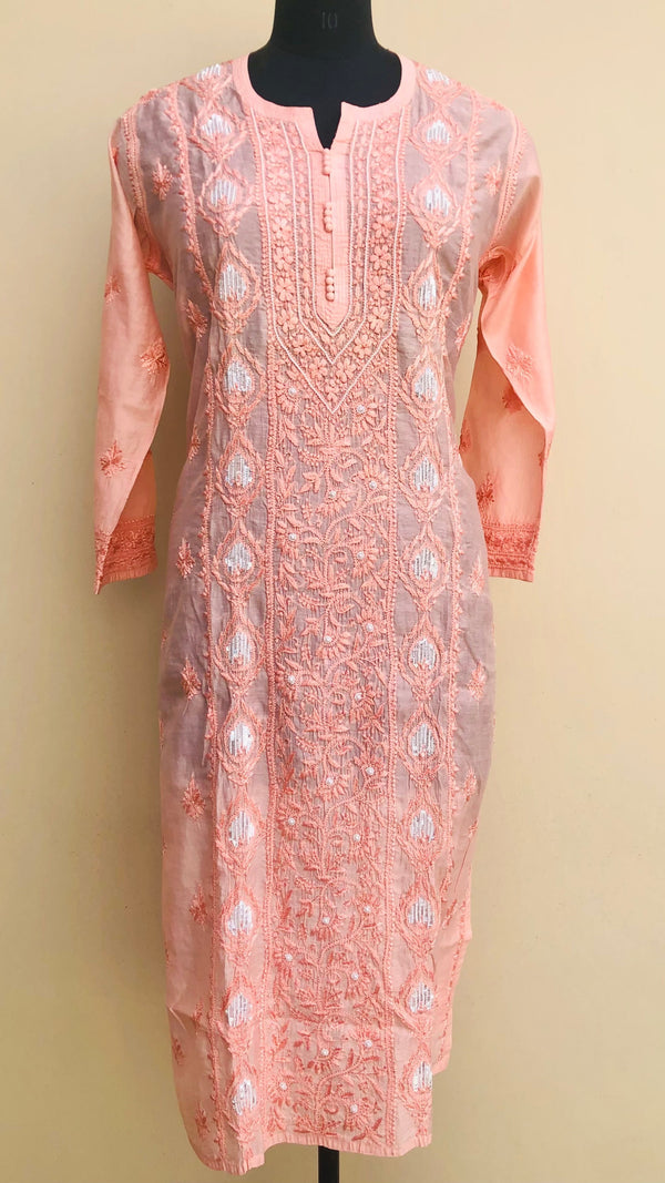 Lucknowi Chikankari Kurti Peach Muslin Cotton