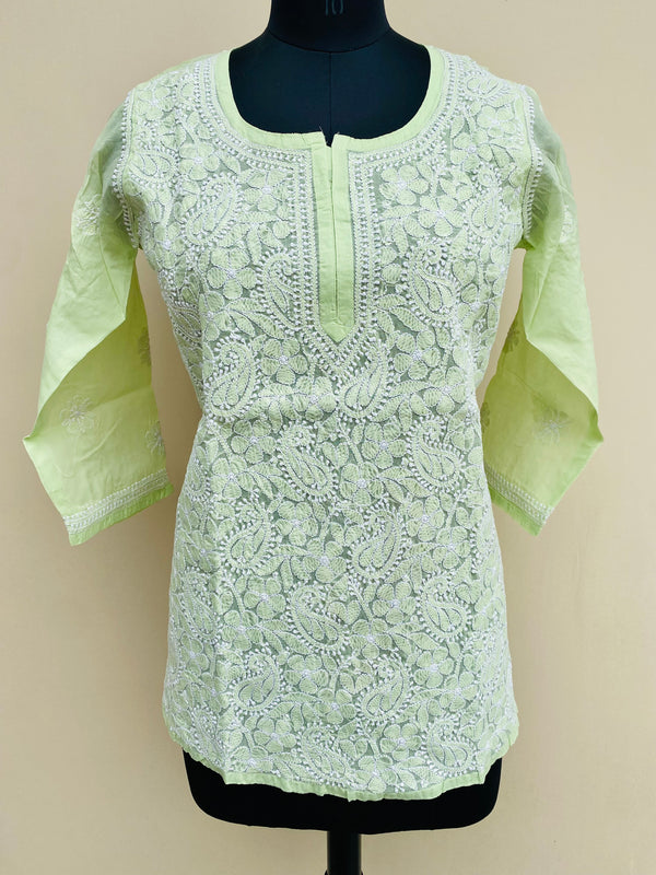 Lucknowi Chikankari Short Kurti Green Cotton