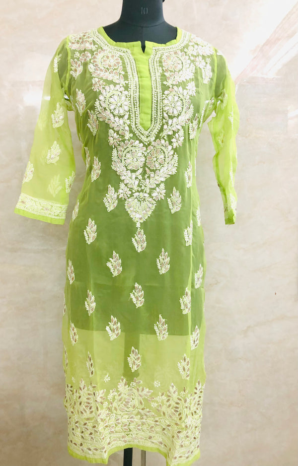 Lucknowi Chikankari Kurti Green Faux Georgette with Gotta Patti Work