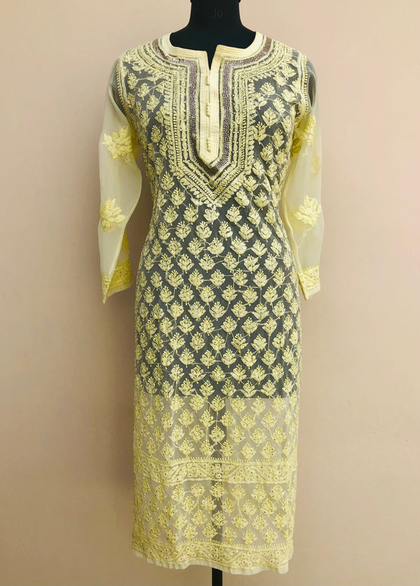 Lucknowi Chikankari Kurti Lemon Yellow Faux Georgette with Self work