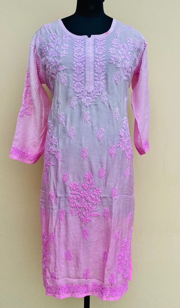 Lucknowi Chikankari Ombre (Shaded) Kurti Baby Pink Soft Muslin Cotton with Self 3D work