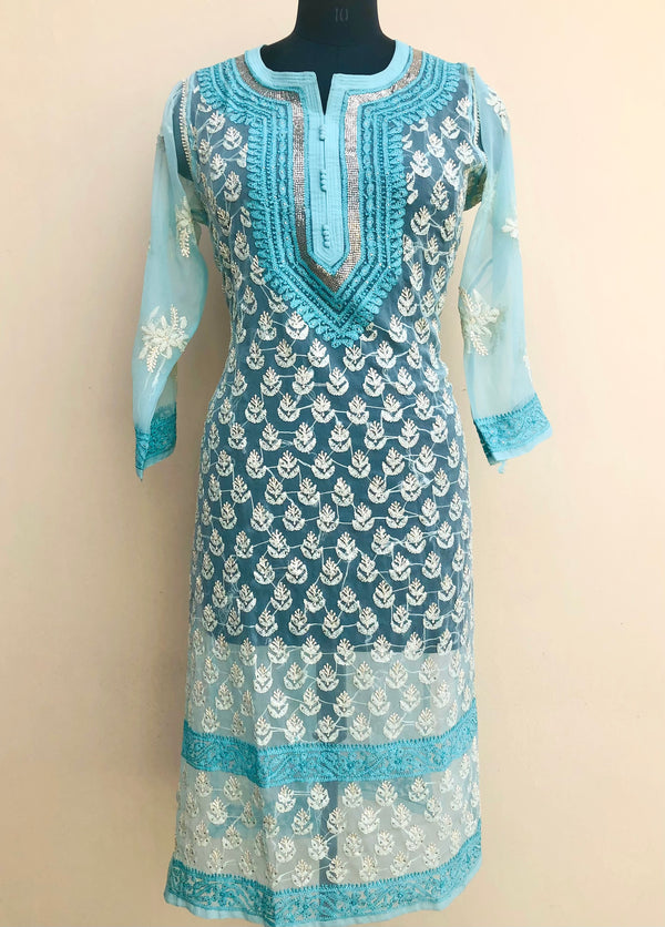 Lucknowi Chikankari Kurti Sea Green Faux Georgette