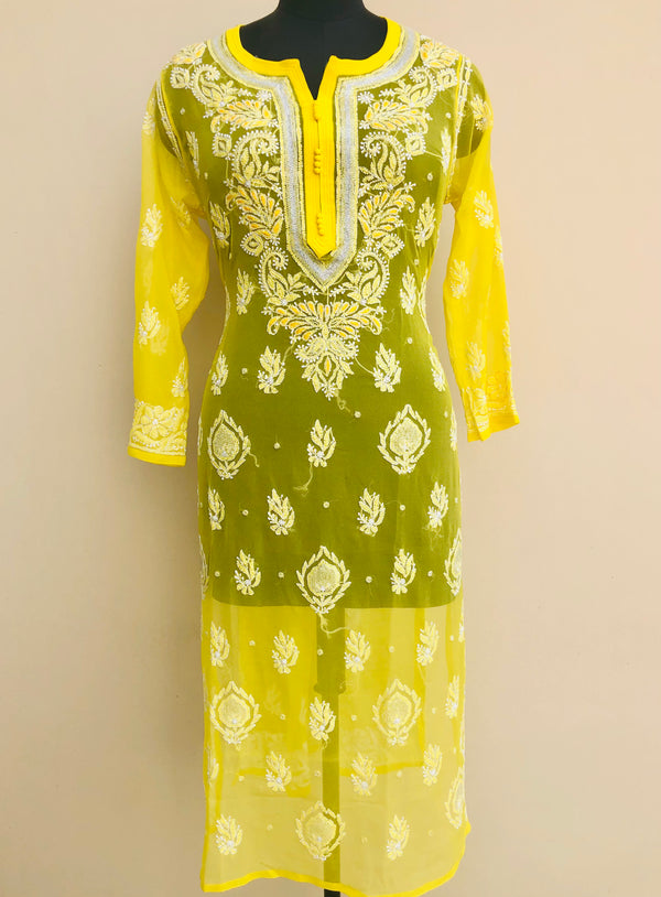 Lucknowi Chikankari Kurti Yellow Faux Georgette