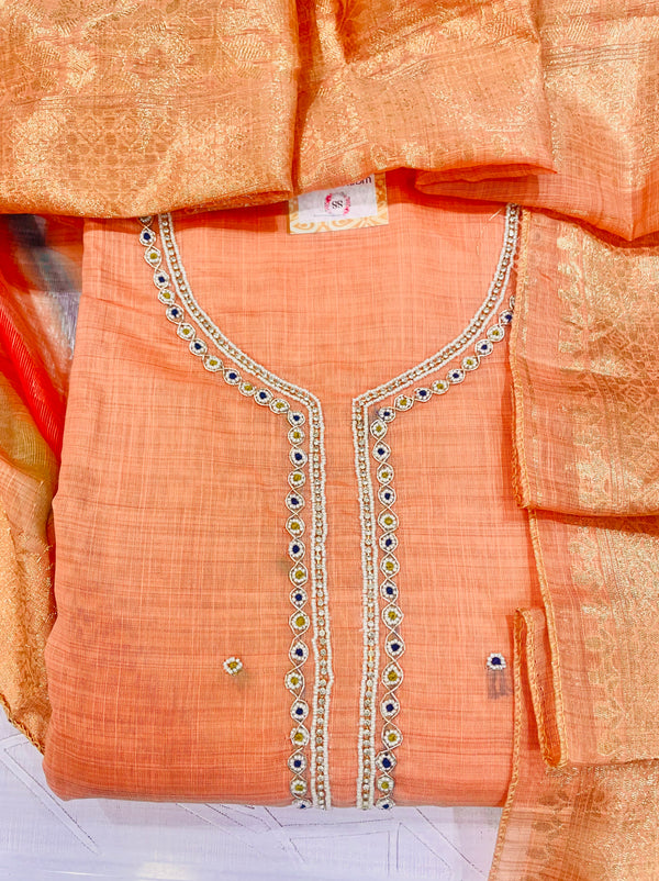 Designer Embroidered Suit Length 3 Piece Orange Chanderi Cotton