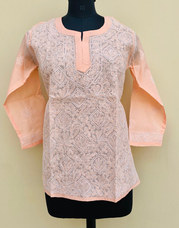 Lucknowi Chikankari Short Kurti Peach Cotton