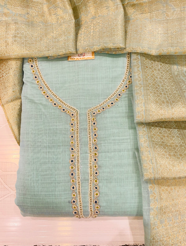 Designer Embroidered Suit Length 3 Piece Pista Green Chanderi Cotton