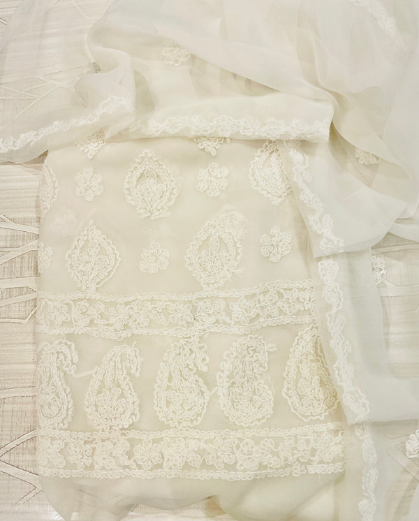 Lucknowi Chikankari Suit Length 3 Piece White Faux Georgette