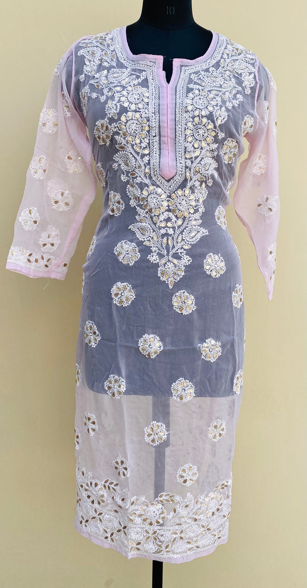 Lucknowi Chikankari Kurti Baby Pink Faux Georgette