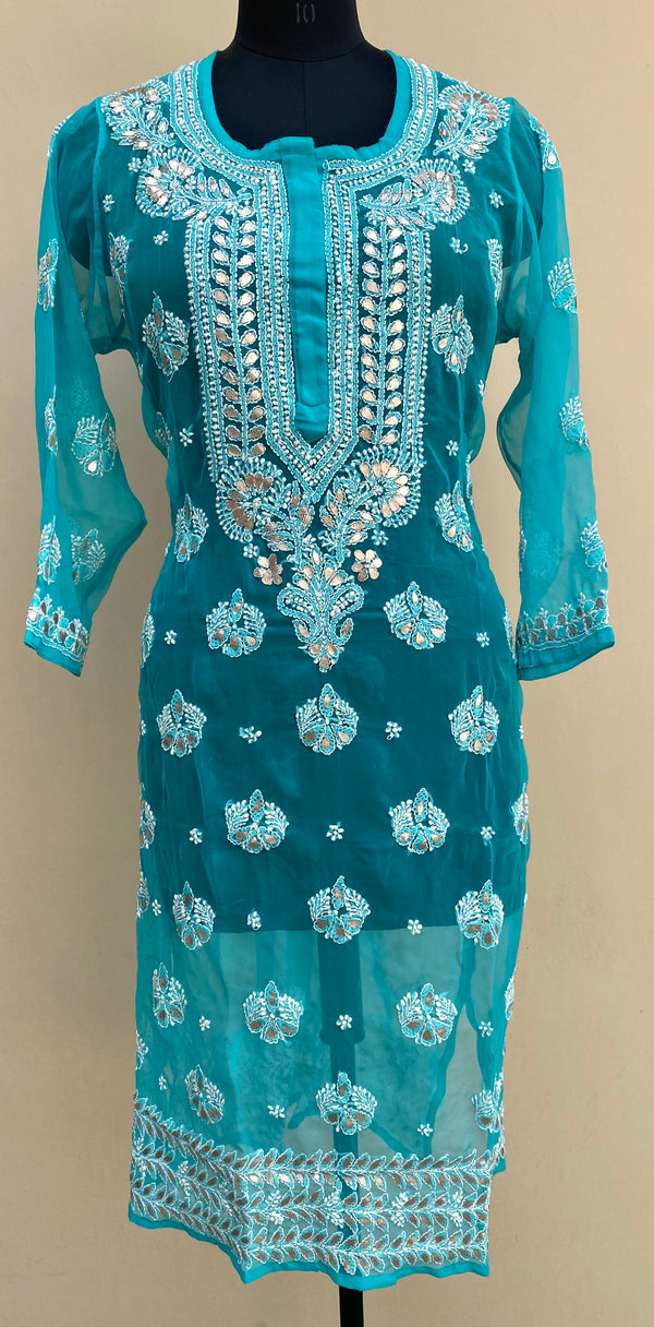 Lucknowi Chikankari Kurti Sea Green Faux Georgette