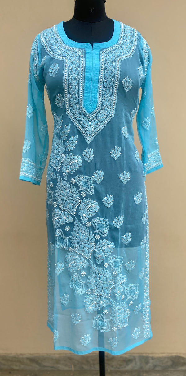 Lucknowi Chikankari Kurti Blue Faux Georgette