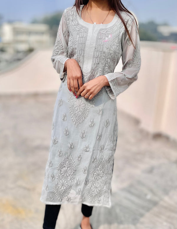 Lucknowi Chikankari Kurti Grey Faux Georgette with Self work