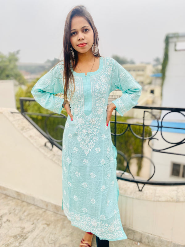 Lucknowi Chikankari Kurti Sea Green Soft Modal Cotton