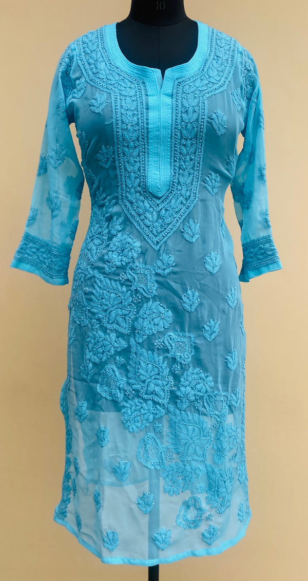 Lucknowi Chikankari Kurti Blue Faux Georgette with Self work