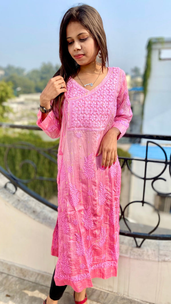 Lucknowi Chikankari Angrakha Kurti Pink Soft Muslin Cotton with Self 3D work