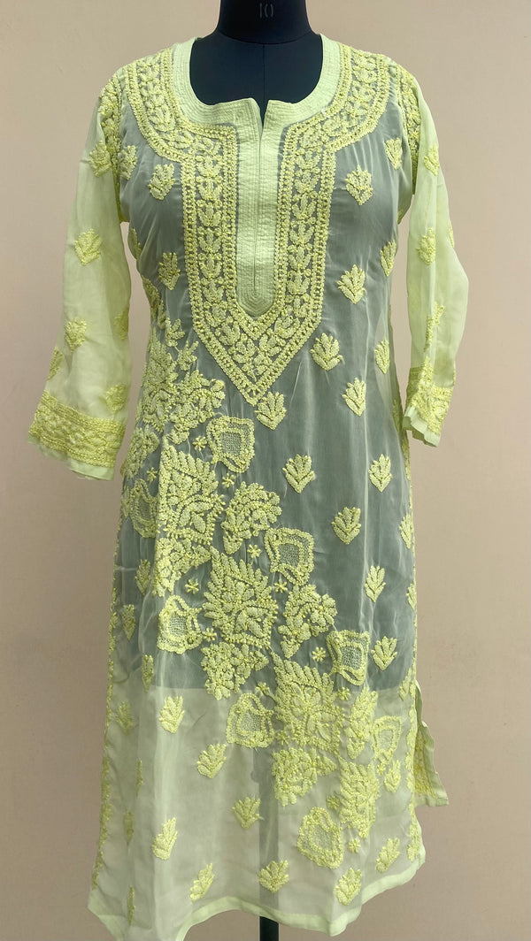 Lucknowi Chikankari Kurti Green Faux Georgette with Self work