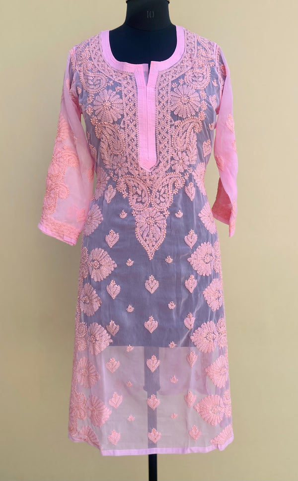 Lucknowi Chikankari Kurti Pink Faux Georgette with Self work