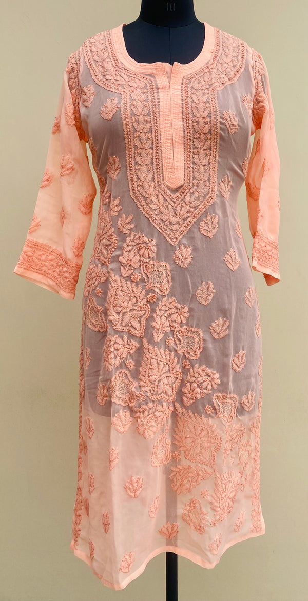 Lucknowi Chikankari Kurti Peach Faux Georgette with Self work