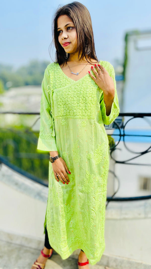 Lucknowi Chikankari Angrakha ( Shaded ) Green Soft Muslin Cotton with Self 3D work