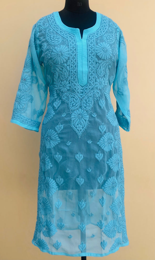 Lucknowi Chikankari Kurti Blue Faux Georgette with Self work