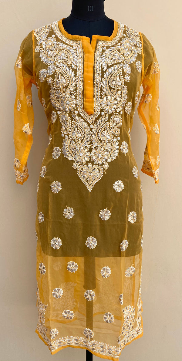 Lucknowi Chikankari Kurti Mustard Faux Georgette