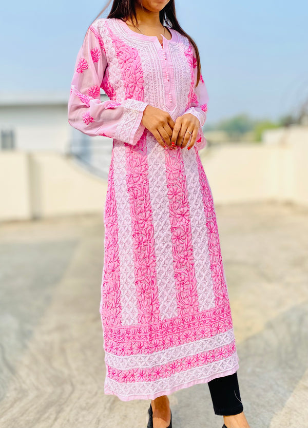 Lucknowi Chikankari Kurti Pink Faux Georgette