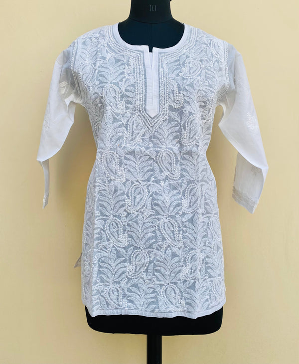 Lucknowi Chikankari Short Kurti White On White Cotton