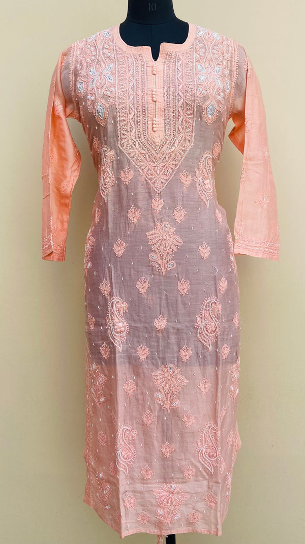 Lucknowi Chikankari Kurti Peach Muslin Cotton with Self work & Pearl Work