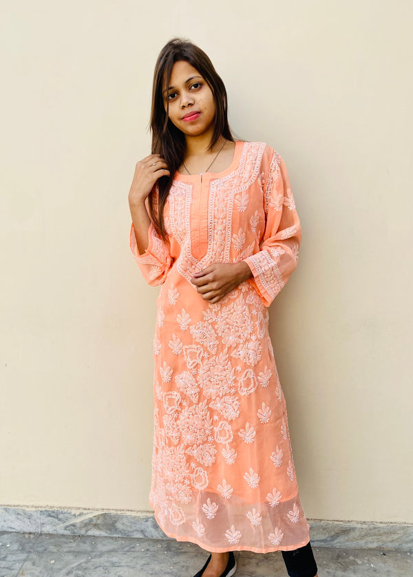 Lucknowi Chikankari Kurti Peach Faux Georgette