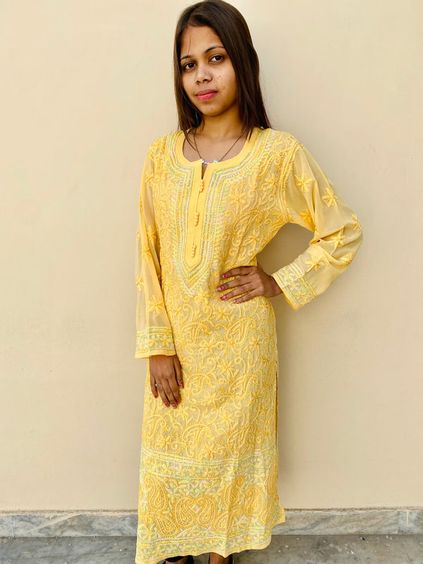 Lucknowi Chikankari Kurti Yellow Faux Georgette with Self work