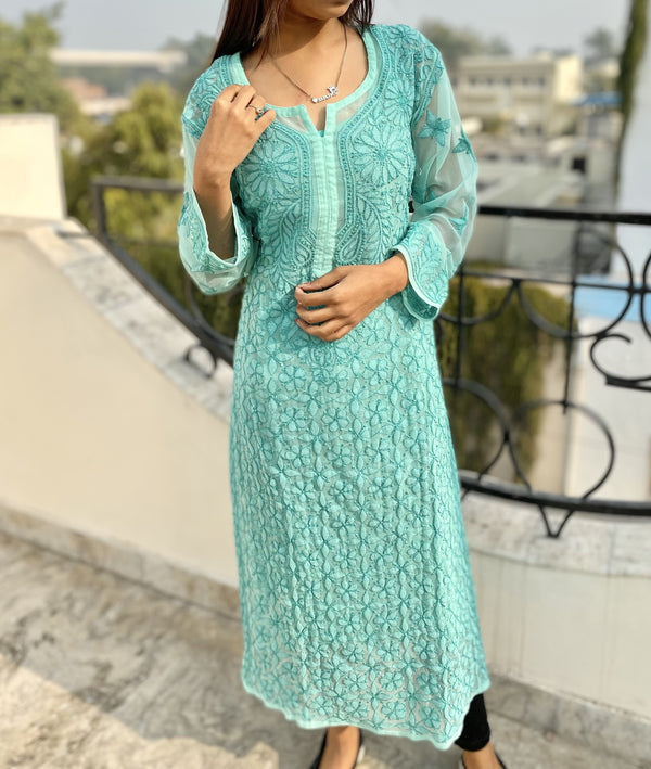 Lucknowi Chikankari Kurti Sea Green Faux Georgette