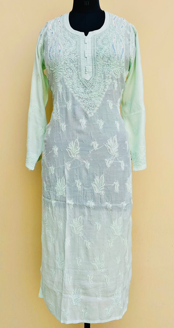 Lucknowi Chikankari Kurti Light Green Muslin Cotton with  Self work & Pearl Work