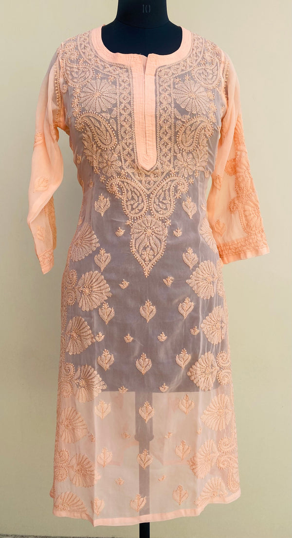 Lucknowi Chikankari Kurti Peach Faux Georgette with Self work