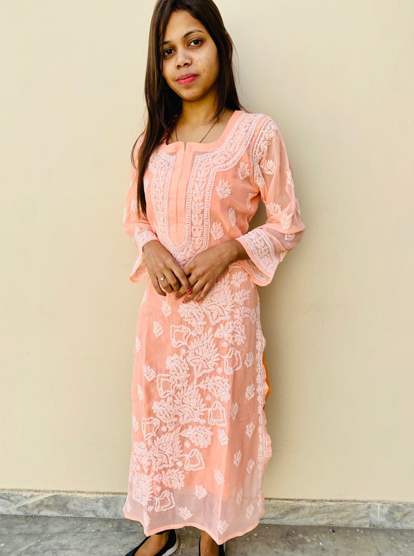 Lucknowi Chikankari Kurti Peach Faux Georgette