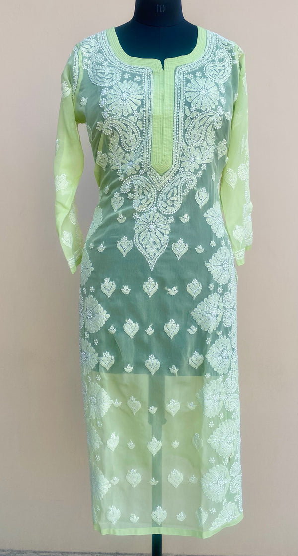 Lucknowi Chikankari Kurti Green Faux Georgette