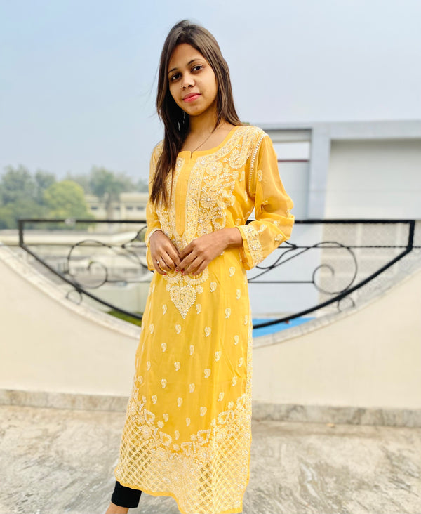 Lucknowi Chikankari Kurti Mustard Faux Georgette