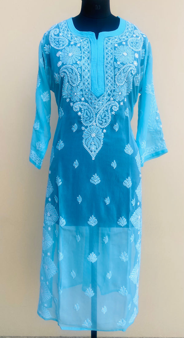 Lucknowi Chikankari Kurti Blue Faux Georgette