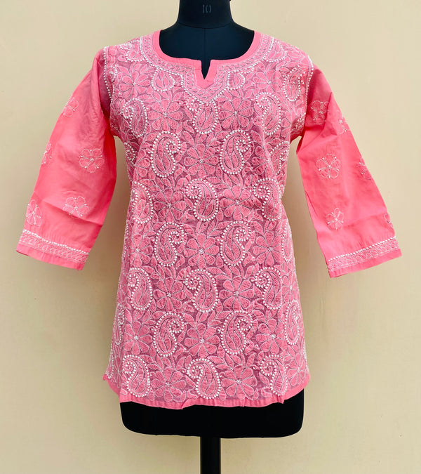 Lucknowi Chikankari Short Kurti Pink Cotton