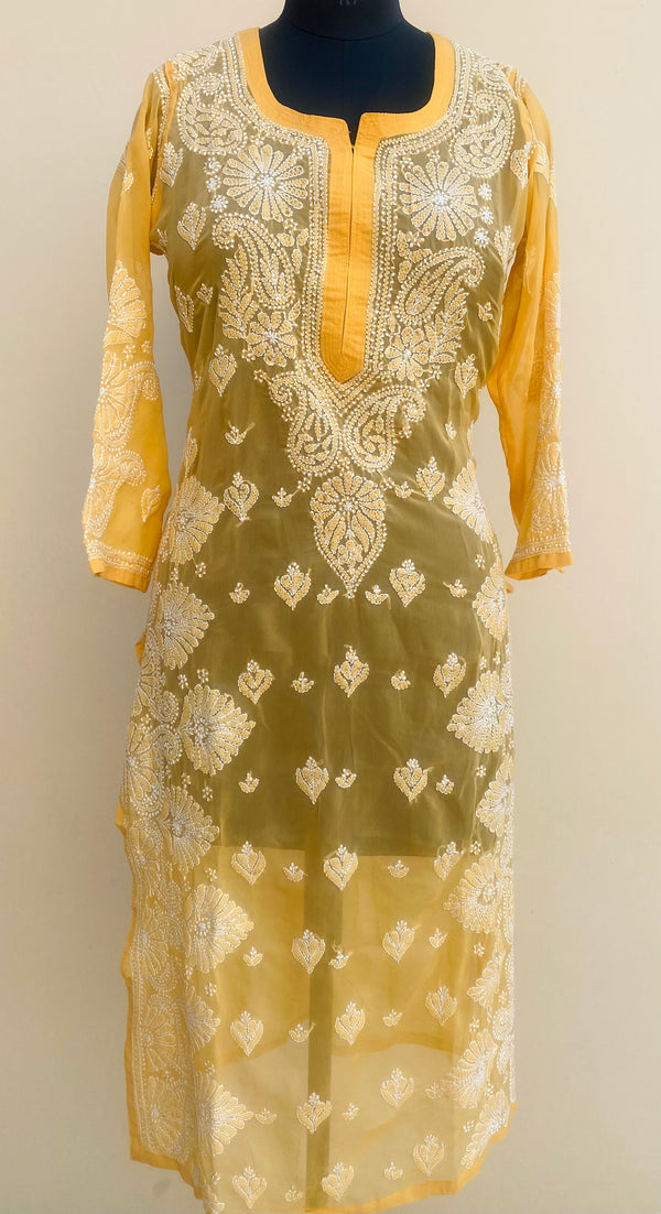 Lucknowi Chikankari Kurti Mustard Faux Georgette