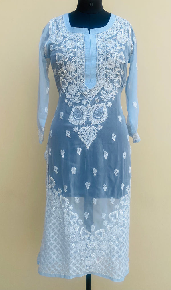 Lucknowi Chikankari Kurti Powder Blue Faux Georgette