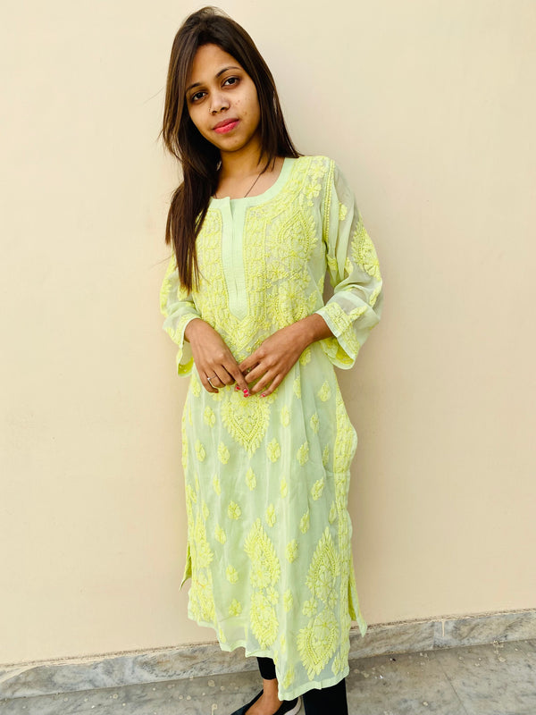 Lucknowi Chikankari Kurti Green Faux Georgette with Self work