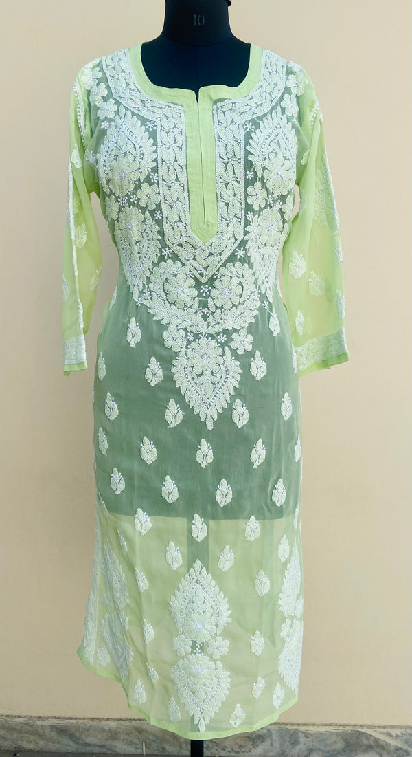 Lucknowi Chikankari Kurti Green Faux Georgette