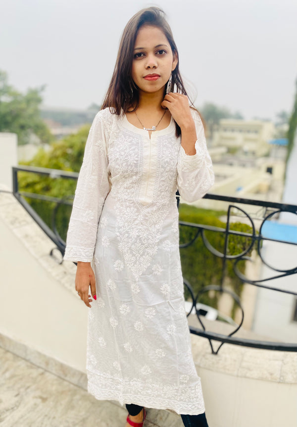 Lucknowi Chikankari Kurti Off White Soft Modal Cotton